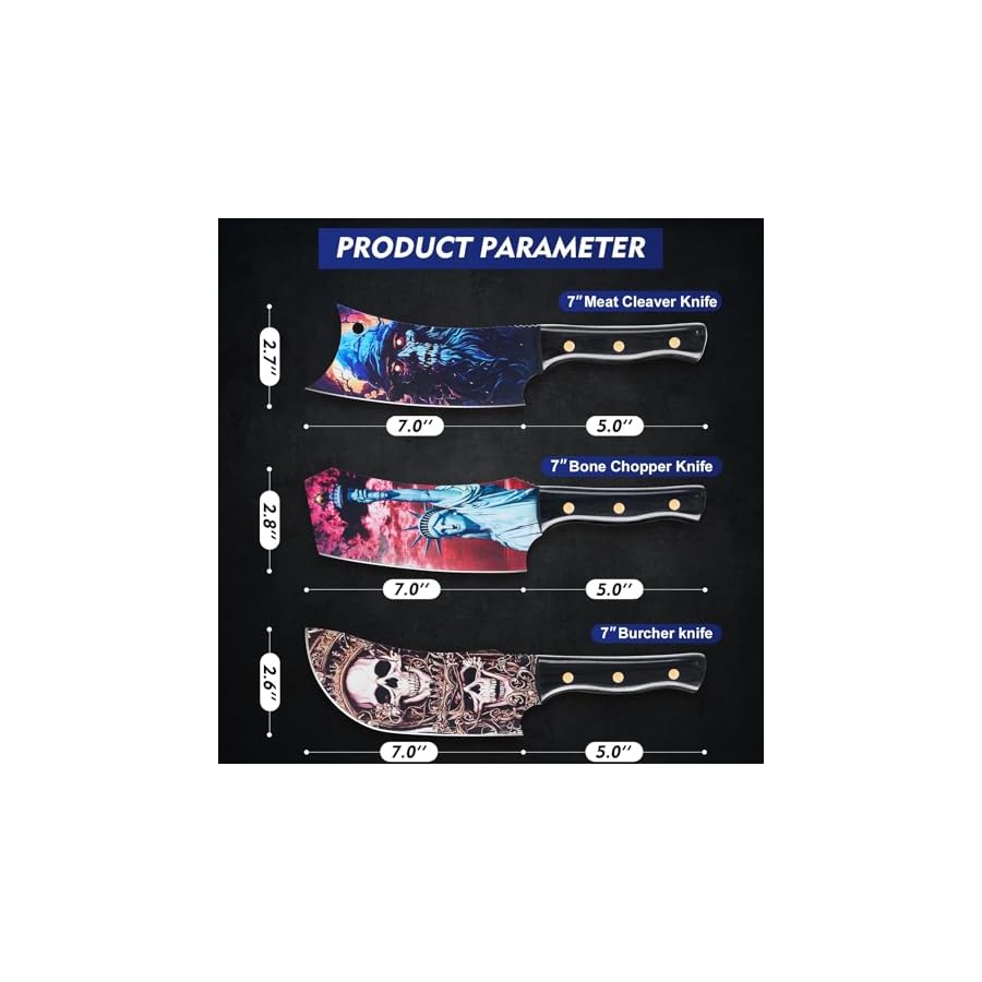 3PCS-Color-Coded-Coated-Butcher-Knife-Set-Hand-Forged-Meat-Cleaver-Knife-Bone-Chopper-Knife-Burcher-knife-Meat-Cutting-Kitchen-Knife-Set-for-Home-Outdoor-Cooking-Camping-BBQ Topfeel 3PCS Color-Coded Coated Butcher Knife Set, Hand Forged Meat Cleaver Knife & Bone Chopper Knife & Burcher knife, Meat Cutting Kitchen Knife Set for Home, Outdoor Cooking, Camping BBQ