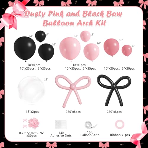 Image of Pink and Black Bow Balloon Arch Kit, JOGAMS 199Pcs Pink and Black Birthday Decorations with 260 Clear Balloons Ribbon Bow for Coquette Bow Theme Birthday Bachelorette Baby Shower Bridal Shower Wedding
