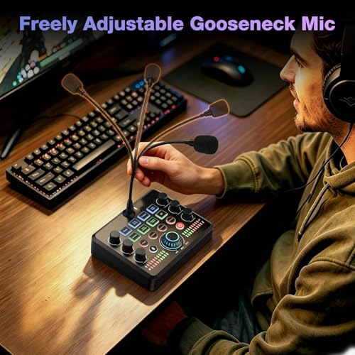 Image of Facmogu F682 Live Sound Card Audio Mixer with Gooseneck Mic, Voice Changer, Bluetooth, Noise Reduction Soundboard, All-in-One Sound Card for Live Streaming /Gaming /Recording on Smartphone, PC, Laptop
