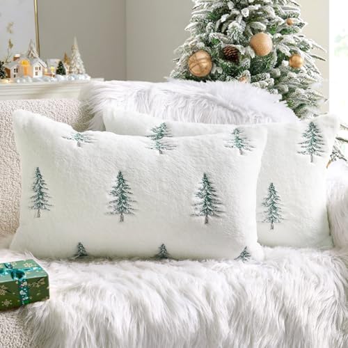 Image of MIULEE Christmas Lumbar Faux Fur Pillow Covers 12x20 Inch White Green