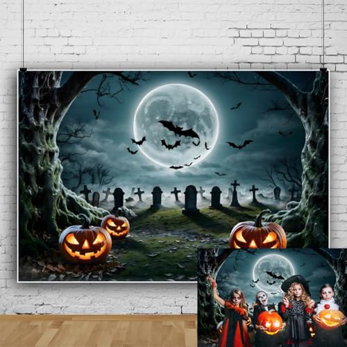 Toile de fond Halloween forêt effrayante et citrouilles décorative 2,1x1,5m