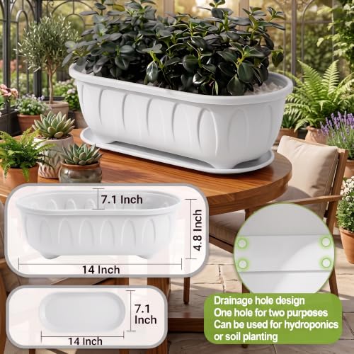 Image of Plastic Rectangle Round Corner Flower Pots with Drainage Hole Saucers Durable Outdoor Indoor Planters with Tray Plant Containers for Balcony, Garden, Home & Office (White, 5)