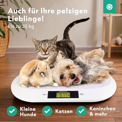 Silvergear® Babywaage | Digitale Kinderwaage bis 20Kg | Digitalwaage für Neugeborene | Waage für Babys met LED Anzeige | Gewichtskontrolle ab Geburt | Tierwaage | 54,5 x 31,5 x 3,5cm | Weiß