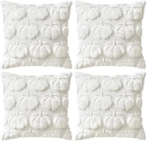 4 Pcs Fall Throw Pillow Covers 18x18, Autumn Decorations Soft Faux Fur Pillow Covers, Fluffy Plush Accent Pillow Cases for Harvest Thanksgiving Cushion Covers Sofa Home Decor(Pumpkin White)