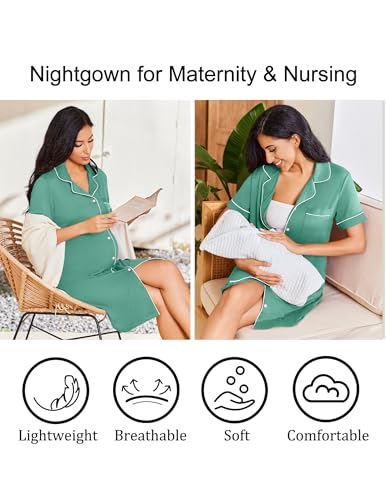 Image of Ekouaer Nightgowns for Women Bamboo Viscose Sleep Shirts Button Down Night Shirt Short Sleeve Boyfriend Pajama Dress