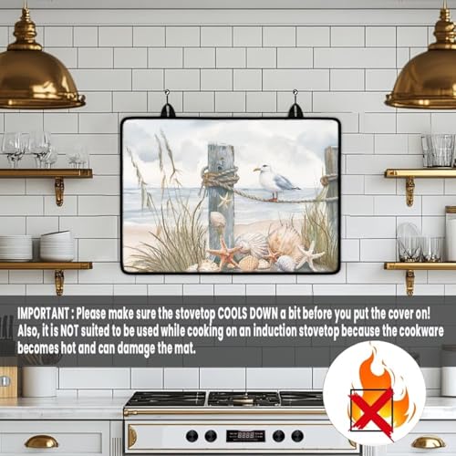 Image of Glass Ceramic Top Stove Cover Flat Cooktop Mat Range Covers for Electric Stove Anti-Scratch Induction Stove Top Protector Mat, 29 x 21 Inch, Starfish Shell Seagull Grass Wooden Pile Beach
