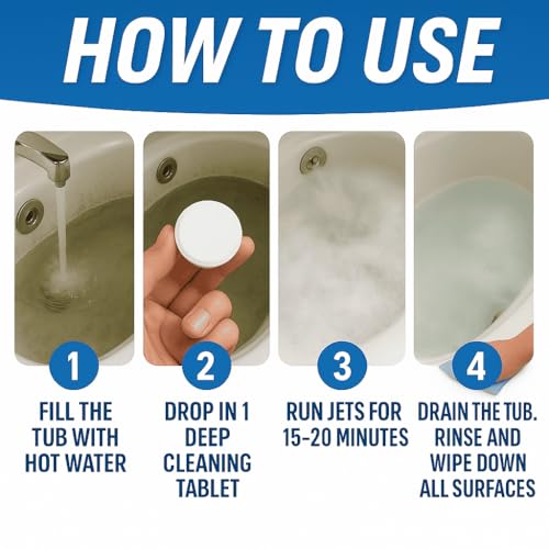 Image of Jetted Tub Cleaner Bathtub Tabs - 12 ACTIVE Cleaning Tablets, Compatible with Whirlpool & Spa Bath System, Jets, Whirl Tubs, Professional Septic Safe Bath Jet Scale and Residue Remover - 1 Year Supply