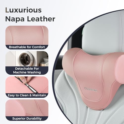 Image of Coverado Car Headrest Pillow, Ergonomic Memory Foam Car Neck Pillow for Driving Seat with Adjustable Strap, Soft PU Leather Breathable Removable Cover Neck Support for Neck Pain Relief, Pink