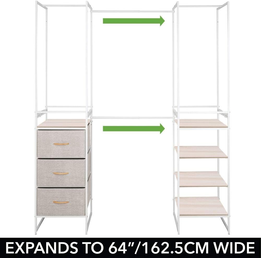 mDesign Modular Closet Organizer System, Storage Unit, Sturdy Steel Frame, 3 Fabric Drawer Bins, 4 Garment Racks, 5 Shelves for Bedroom, Hallway, Entryway, Closet, Textured Print - Linen/Natural