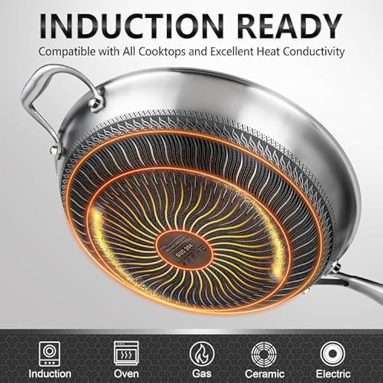 MICHELANGELO Honeycomb Wok Pan with Lid, 12.5 Inch Stainless Steel Woks & Stir-fry Pans with Stay Cool Handle, Flat Bottom Wok with Vertical Lid, Induction Wok, Dishwasher Oven Safe