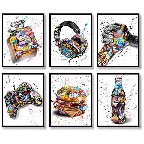 Graffiti Wall Art Fashion Prints Wall Decor Set of 6 Canvas Modern Posters Inspirational Colorful Graffiti Art Photos Pictures Earplugs,Perfume,Game Handle,Cooperation Gesture,Hamburger,Coke for Home Office Livingroom Bar (11"x14" UNFRAMED) Cover