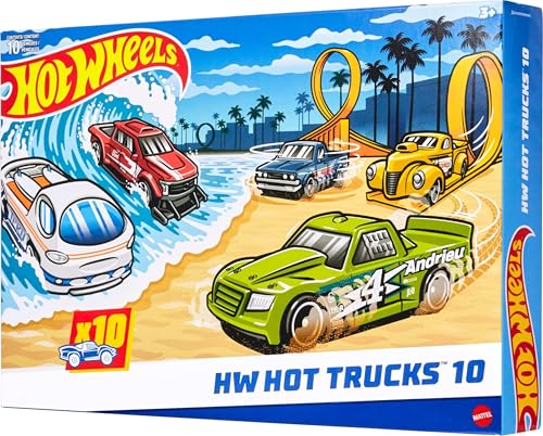 Hot Wheels Coffret de 10 utilitaires à l’échelle 1/64 (Modèle aléatoire), avec pick-ups et camionnettes, modèles modernes et rétro, HYM97