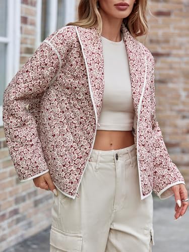 Tankaneo Womens Puffer Quilted Jacket Lightweight Floral Print Button Down Long Sleeve Patchwork Outwear Coats3