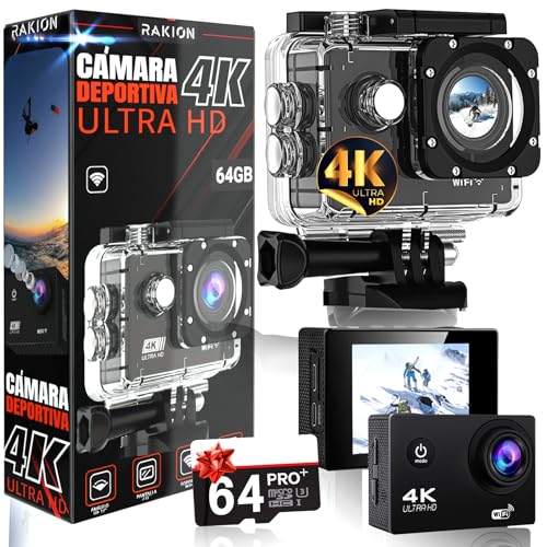 REKION® Camara Deportiva De Alta RESOLUCIÓN 4K60FPS + Tarjeta SD De 64GB Gratis | Camara Acuatica con 8X Zoom | CAM Acuatica Sumergible hasta 30 Metros | Action CAM 16MP con 170° + ESTABILIZADOR