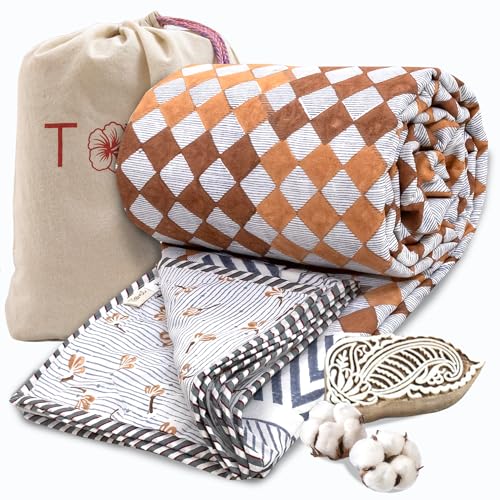 Image of TOAIArt Premium Jaipuri Dohar | AC Blanket Summer Quilt | Hand Block Printed | 3 Layers | Reversible | 150GSM 100% Mulmul Cotton | 100% Cotton Flannel Filling | King 108 inch X 90 inch|Brown Checks Blue Lines