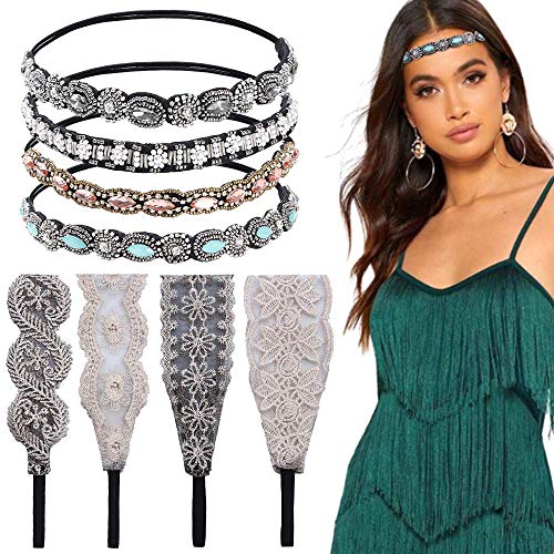 8 Pieces Rhinestone Elastic Headbands 1920s Headbands Handmade Crystal Beaded Hairbands 20s Headpieces Elegant Wide Lace Stretch Headbands for Women Party Daily Headwear