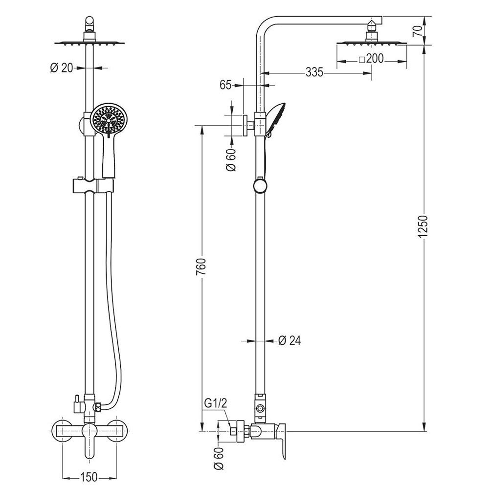 Columna de ducha monomando redonda modelo SIO tubo redondo extensible regulable en altura de 80 a 120 cm. Ducha de mano para hidromasaje y rociador redondos. Recambios garantizados
