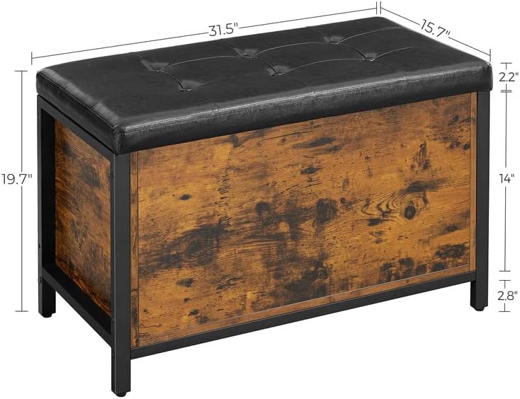 VASAGLE Entryway Storage Bench, Flip Top Ottoman and Trunk with Padded Seat, Bed End Stool, Supports 198 lb, 31.5”L x 15.7”W x 19.7”H (80 x 40 x 50 cm), Rustic Brown + Black