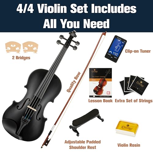 Image of Mendini By Cecilio Violin 4 /4 Full Size For Beginners - Fiddle Solidwood Kit with Hard Case - Acoustic Violins with Bow, Rosin, Tuner, Extra Strings & Bridge, Shoulder Rest and Lesson Book (Black)