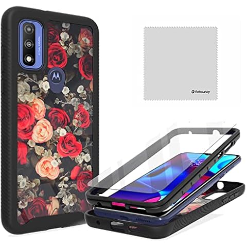 Fotosuncy for Motorola Moto G Pure Case with Screen Protector and Cleaning Cloth, Hybrid Dual Layer Drop Protection Armor Protective Cover for Girls and Women Flowers Black Cover