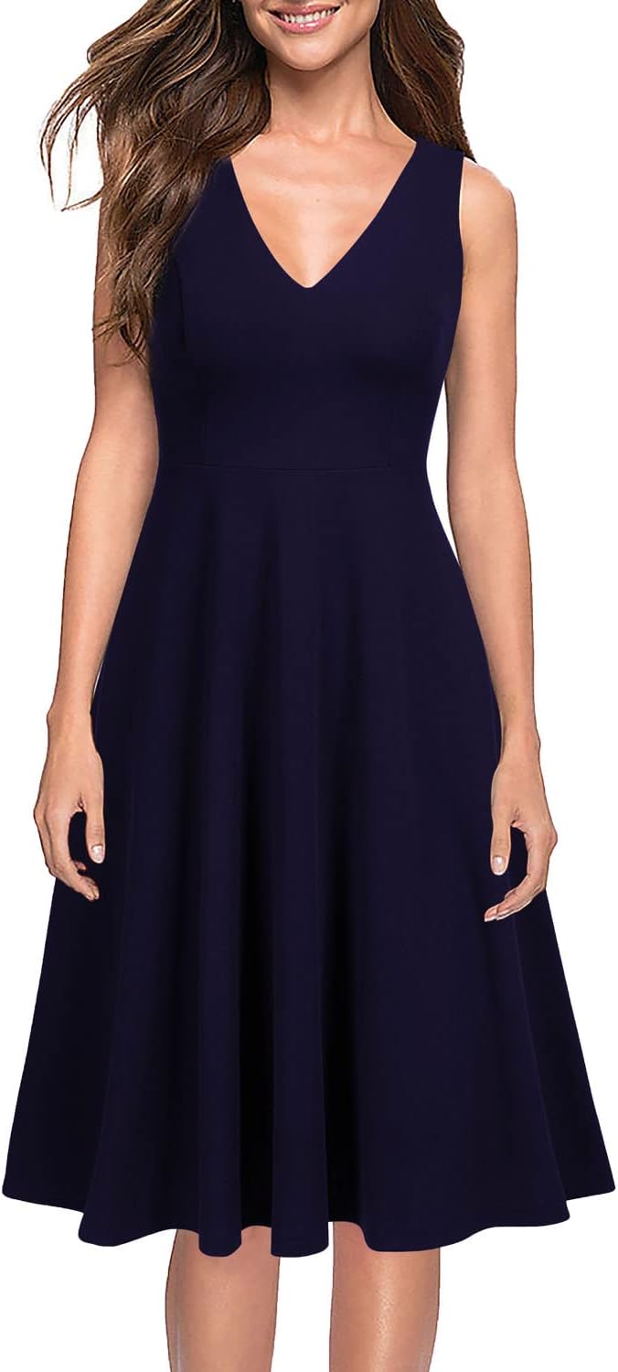 WOOSEA Women's Sleeveless V Neck Vintage Pockets Swing Business Church Dress - Image 3