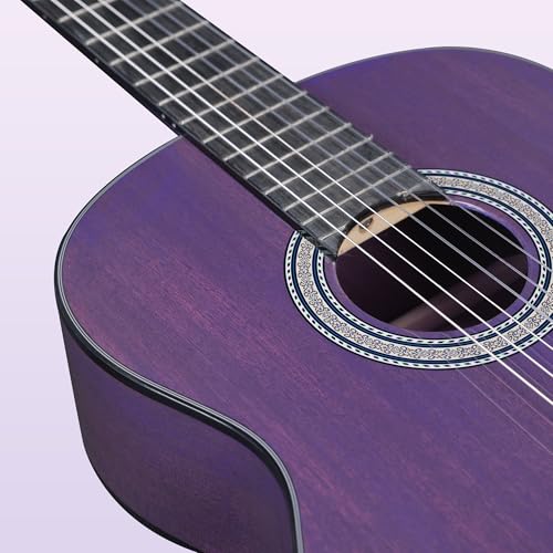 Image of WINZZ 4 /4 Classical Guitar, 39 Inch Full Size Nylon String Guitar for Beginner Adults, Full Classic Guitar Kit with Free Lessons, Gig Bag, Footstool, Capo, Tuner, Hanger and Strap (Glossy Purple)