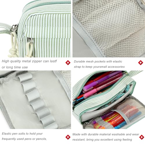 Image of Bluboon Big Capacity Pencil Case Pencil Pouch Pen Case School Supplies Cute Pencil Box Pencil Bag for Teen Girls Boys Women Man (Green White Stripes)