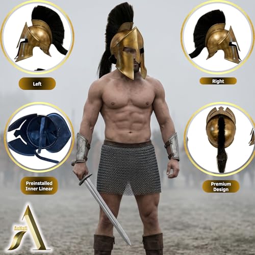 Image of AnNafi Greek Spartan Agamemnon Helmet, Medieval Roman 300 King Leonidas Knight Movie Helmets + Liner, LARP SCA Cosplay Armor Replica Adult, Role Play Helm, Armour Costume & Headwear Accessories