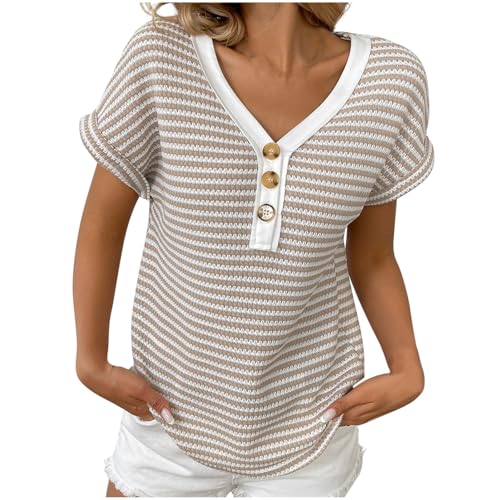 Women's Short Sleeve Knit Tops 2025 Trendy Button V Neck Striped Color Block T Shirts Casual Summer Blouses Beige