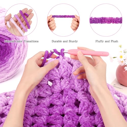 Image of Katech Ombre Cnenille Yarn for Crocheting-2 Pcs of 285g /10oz-6 Super Bulky | Fluffy Velvet Blanket Yarn for Knitting, Soft Fuzzy Phasing Cake Yarns for Baby Blanket, Throw Pillow, Plushies, Hat(Purple)