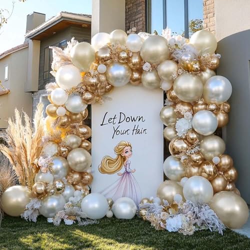 Image of Beige Gold Balloons Double Stuffed Sand White Balloon Garland Pearl White Cream Metallic Gold Balloon Arch Kit for Birthday Wedding Bridal Anniversary Boho Baby Shower Party Decorations