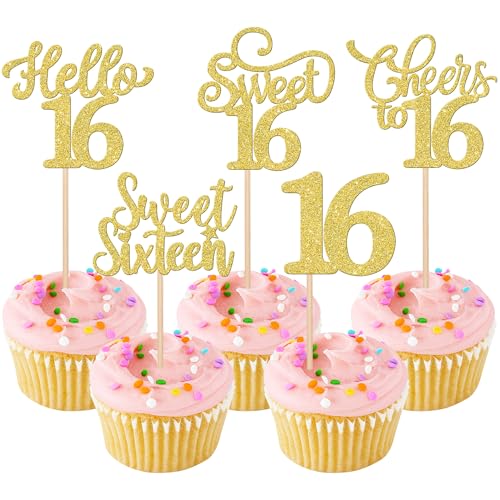 Xsstarmi Confezione da 30 topper per cupcake con scritta "Happy 16th Birthday", glitter dorati, Hello 16, favolosi sedici stecchini per cupcake, decorazioni per torte di compleanno per dolci 16 anni Xsstarmi Confezione da 30 topper per cupcake con scritta "Happy 16th Birthday", glitter dorati, Hello 16, favolosi sedici stecchini per cupcake, decorazioni per torte di compleanno per dolci 16 anni