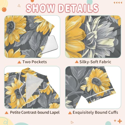 senya Sunflowers Grey Satin Summer Pajama Sets Silk Short Sleeve Button Down Sleepwear3
