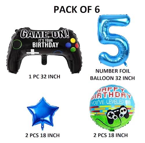 Image of 6 Pcs Game on Birthday Decoration 5th Birthday Decoration for Boys Gaming Theme Birthday Decoration Fifth Birthday Decorations Boy Game Theme Balloons (Pack of 6, Multicolor)