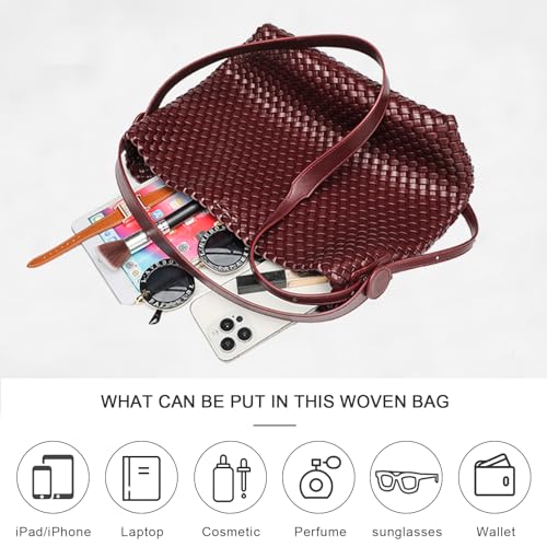 Image of Large Woven Tote Bag Vegan Leather Shoulder Bag for Women Fashion Travel Shopper Bag Top Handle Handbag and Purse