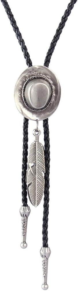 Western Black Bolo Tie for Men and Women Feather Hat Pendant,Native American Leather Bolo Tie String