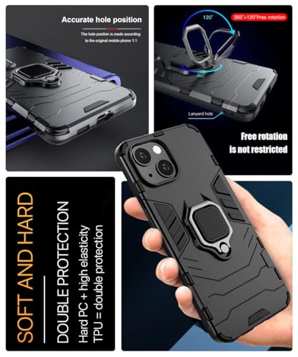 Image of WOW IMAGINE Shock Proof Back Case Mobile Cover for Apple iPhone 15 | Back Cover Case (Tough Armor | Hybrid PC + TPU | Ring Holder & in-Built Kickstand | Black)