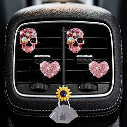 Image of Pink Heart & Skull Air Vent Clips - 4 Pcs Diamond Car Interior Decor, Bling Skeleton Air Fresheners, Vents Clips, Funny Car Accessories + Sunflower Mask Hook