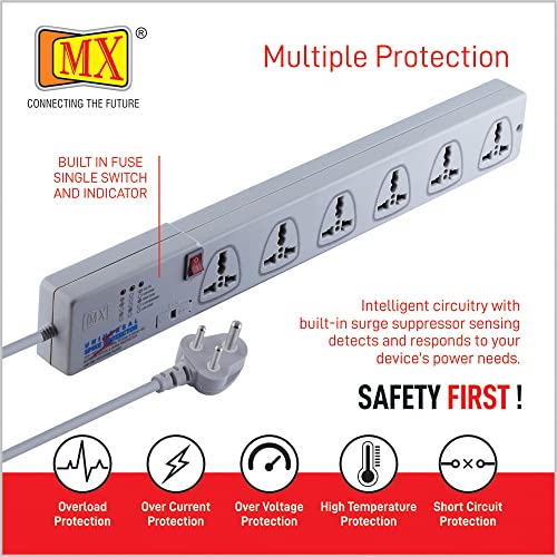 Image of MX 6‑Outlet Spike Protector & Extension Board, 3 m Power Strip with International Sockets, Master Switch, Surge Suppressor for Home & Office