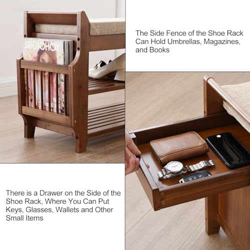 Banc à chaussures en bambou compact avec coussin et tiroir de rangement - 5