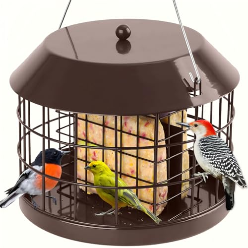 Gbekery Caged Suet Bird Feeder for Outdoors Hanging Squirrel Proof Double Suet Feeder for Small Birds Metal Cage with Detachable Hook Large Space Outdoors Weatherproof Brown