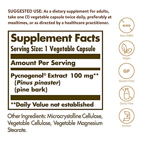 Solgar Pycnogenol 100 Mg, 30 Vegetable Capsules - Antioxidant Protection - Healthy Leg & Vein Support - Non-Gmo, Vegan, Gluten Free, Dairy Free, Kosher - 30 Servings #TOP1