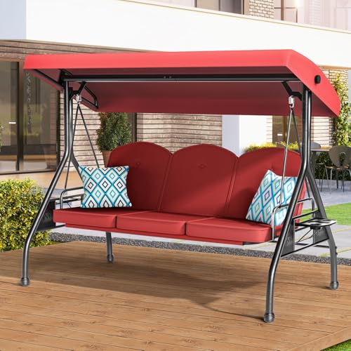 Image of ZZW 3 Seat Outdoor Porch Patio Swing with Stand 800lbs 2-in-1 Convertible Swing Bed with Adjustable Canopy & Removable Cushion for Yard Garden Deck (Red, Round Tube)
