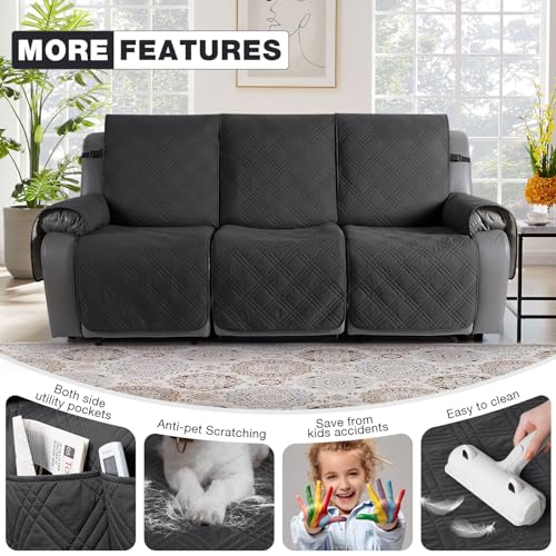 Image of TAOCOCO 100% Waterproof Recliner Sofa Cover, Non Slip Split Couch Covers for Reclining Couches with Elastic Straps, Reclining Sofa Cover Furniture Protector for Kids Pets(3 Seater, Charcoal Gray)
