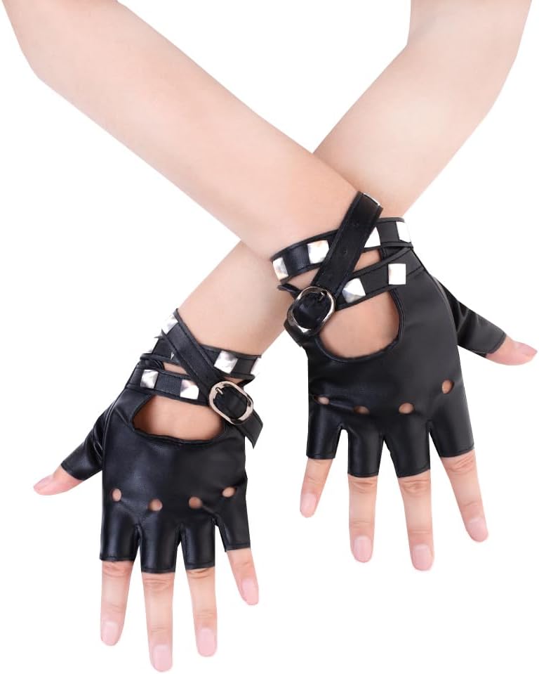 Women PU Leather Punk Gloves Rivets Belt Up or Snap Half Finger Performance Mittens
