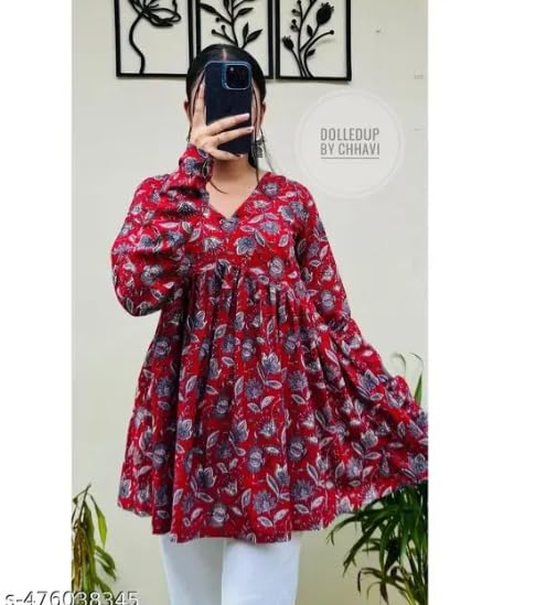 Image of Printed Kurti for Womens V-Neck TOP with Beautifull Design, Full Sleeves