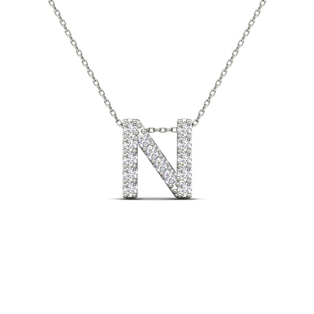 AoneJewelry 0.14 Carat Natural White Diamond Initial N Pendant Necklace For Women In 14K Yellow and White Gold with 18" Gold Cable Chain