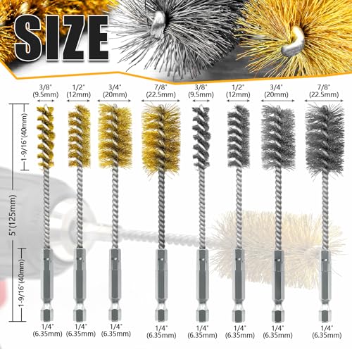 Image of 8 Pcs Bore Brush Set - 304 Stainless Steel & Brass Drill Wire | Bore Cleaning Brushes with 1 /4 inch Hex Shank for Power Drills Ports Tubes Bearings Cleaning Parts, 3 /8'' 1 /2'' 3 /4'' 7 /8''