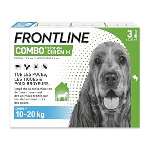 FRONTLINE Combo Chien – Anti Puces, Anti-Tiques – Protège L&rsquo;Habitat, Élimine Puces Pendant 8 Semaines-Tiques Pendant 4 Semaines – Pour Chien 10 à 20 kg – Fabriqué en France -3 Pipettes Spot-On