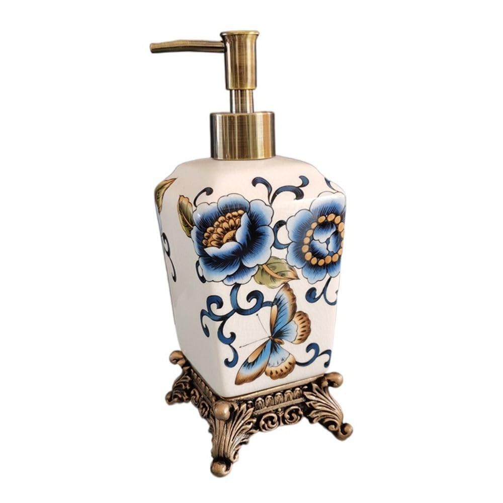 Dispenser di sapone in ceramica, con motivo floreale, bottiglia in ceramica a pompa, per bagno o cucina (D)